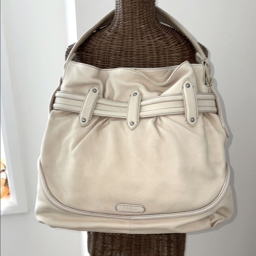 Cole Haan Leather One-Handle Tote Bag * Cream with light gold etched trim
